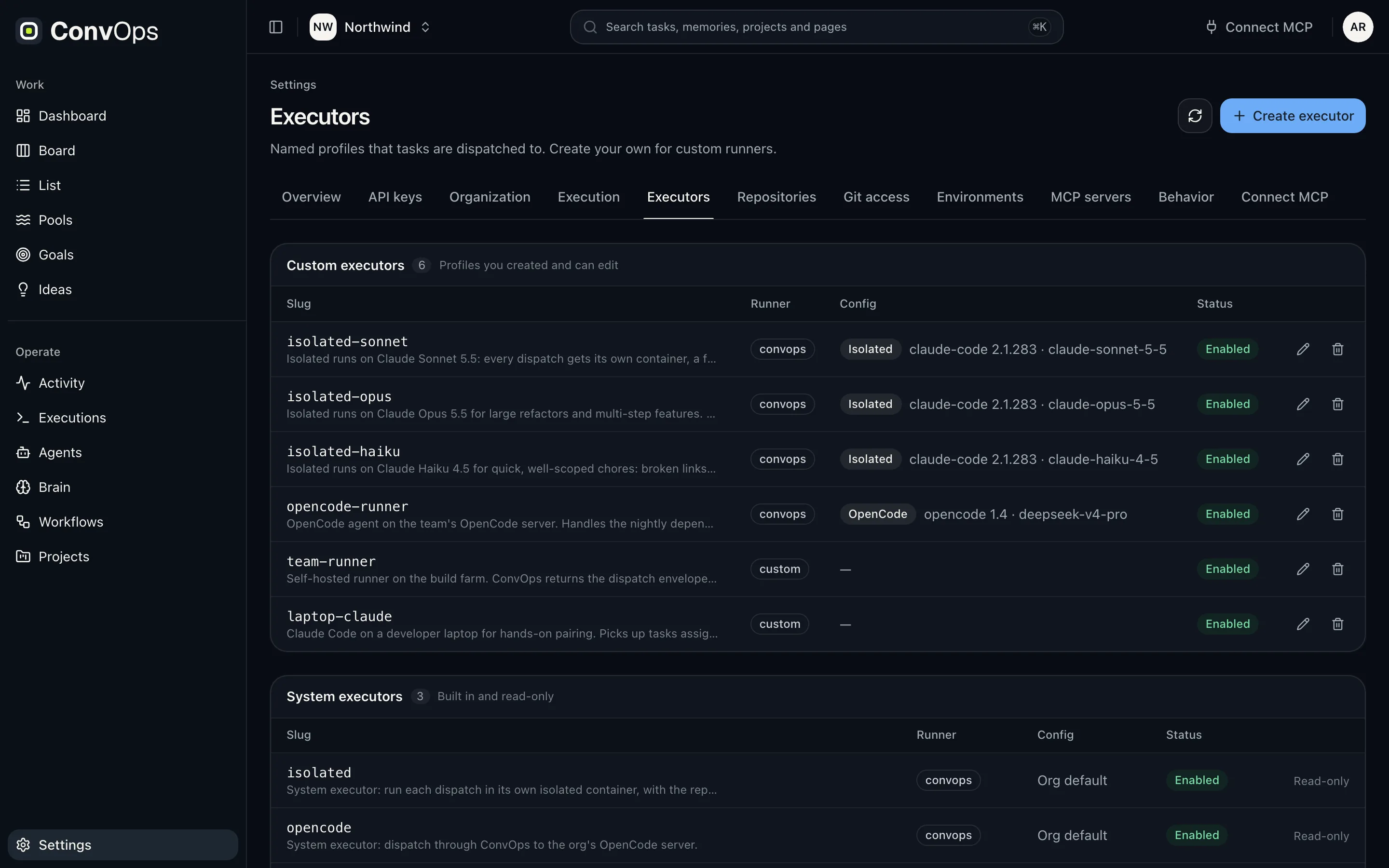 Executors settings listing custom executor profiles with their runner, backend and model configuration and enabled status, followed by the built-in system executors.