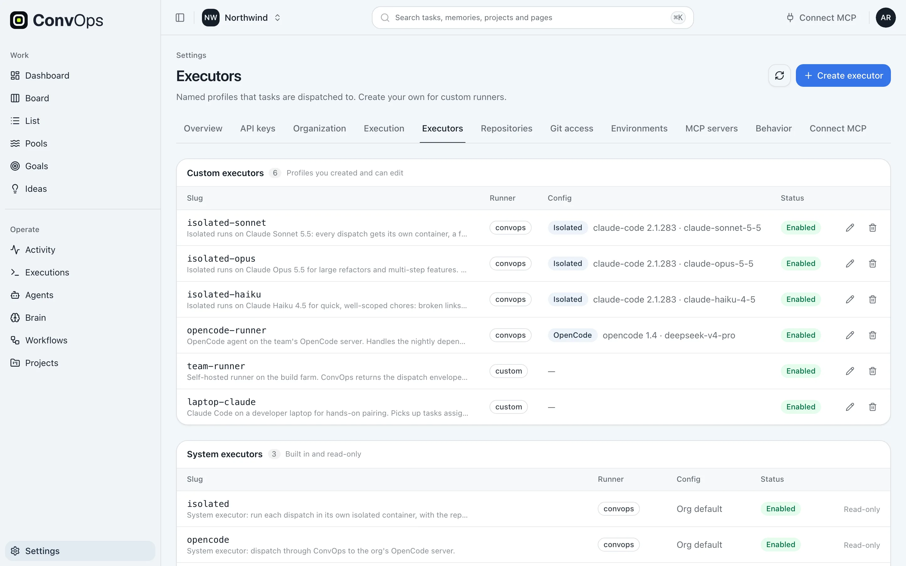 Executors settings listing custom executor profiles with their runner, backend and model configuration and enabled status, followed by the built-in system executors.