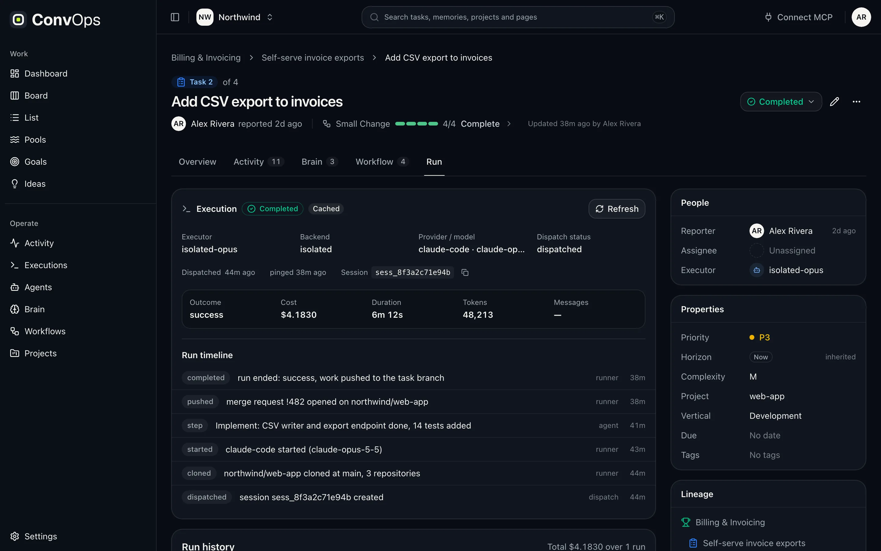 Task run tab for "Add CSV export to invoices" showing the execution summary, cost, duration and tokens, a run timeline from dispatch to merge request, and task properties.