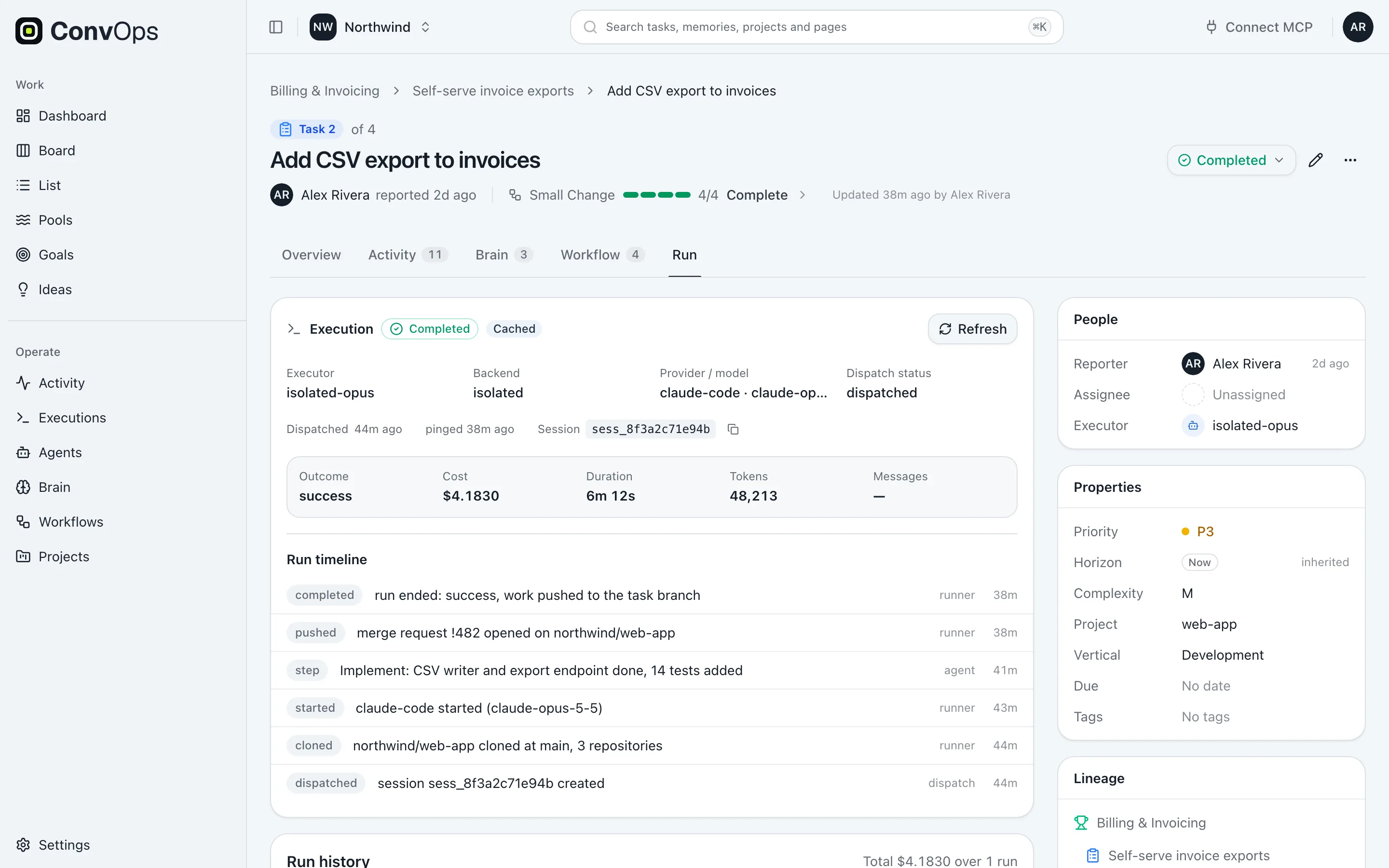 Task run tab for "Add CSV export to invoices" showing the execution summary, cost, duration and tokens, a run timeline from dispatch to merge request, and task properties.
